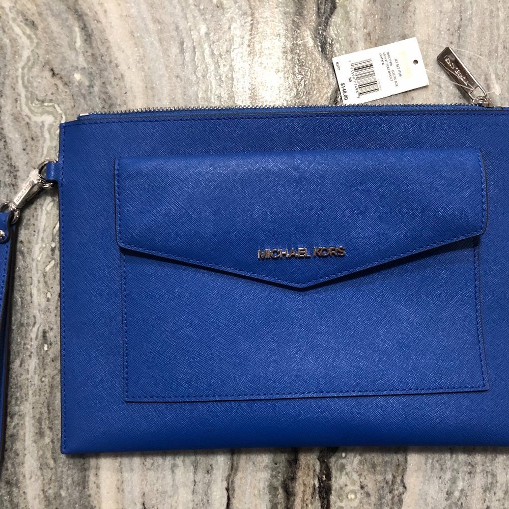 NWT Michael Kors Blue Leather Pocket Wristlet Wallet 38H9CTTW9L-446